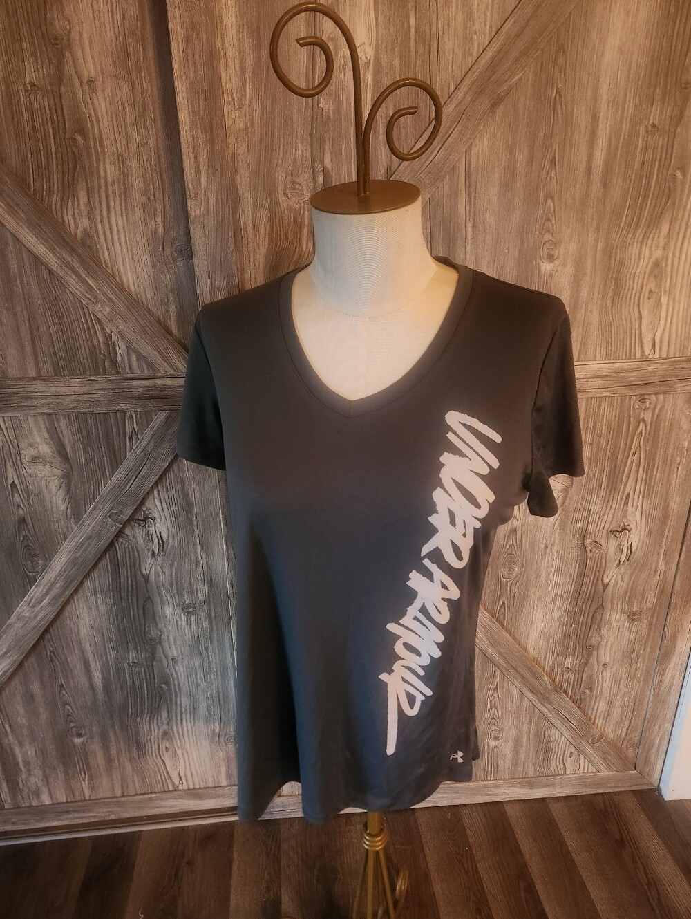 Under Armour Women's Black V-Neck Tee with White Diagonal Logo